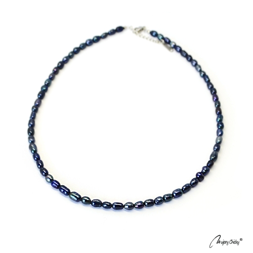 Colier din Perle  Albastre Rice Shape - Argintiu