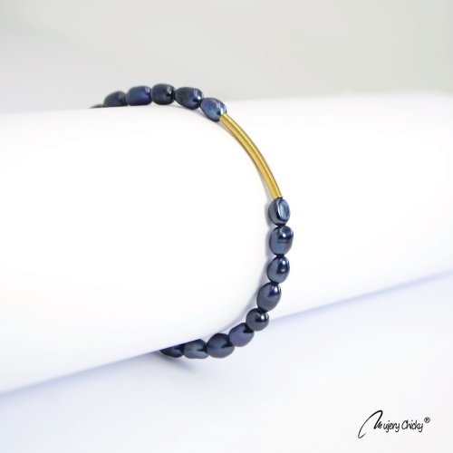 Bratara din Perle Albastre Rice Shape - Auriu