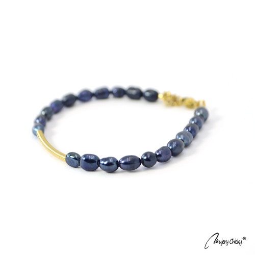 Bratara din Perle Albastre Rice Shape - Auriu