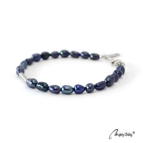 Bratara din Perle Albastre Rice Shape - Argintiu