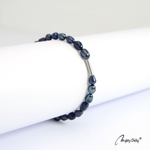 Bratara din Perle Albastre Rice Shape - Argintiu