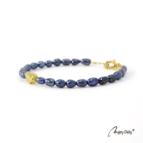 Bratara din Perle Albastre Rice Shape - Auriu