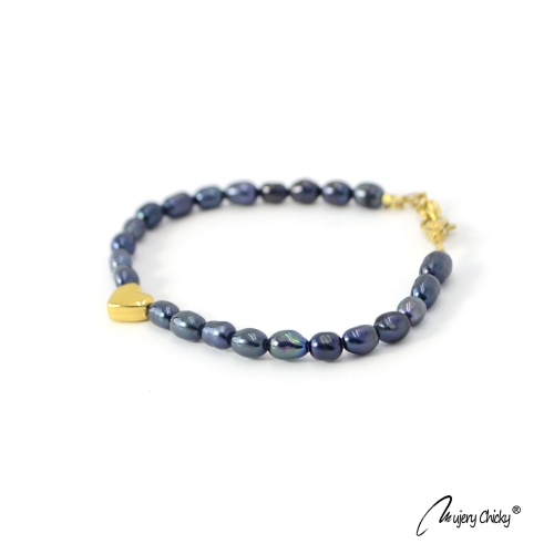 Bratara din Perle Albastre Rice Shape - Inima - Auriu