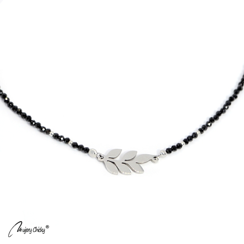 Colier din Spinel Negru Frunze- Argintiu