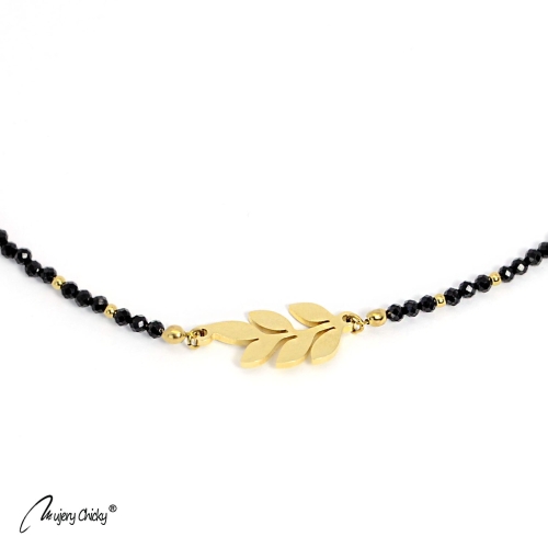 Colier din Spinel Negru Frunze- Auriu