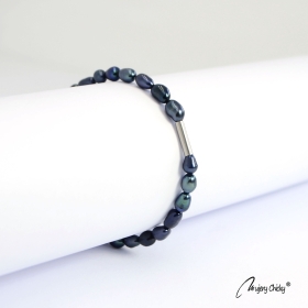 Bratara din Perle Albastre Rice Shape - Argintiu