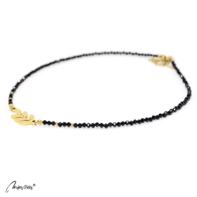 Colier din Spinel Negru Frunze- Auriu